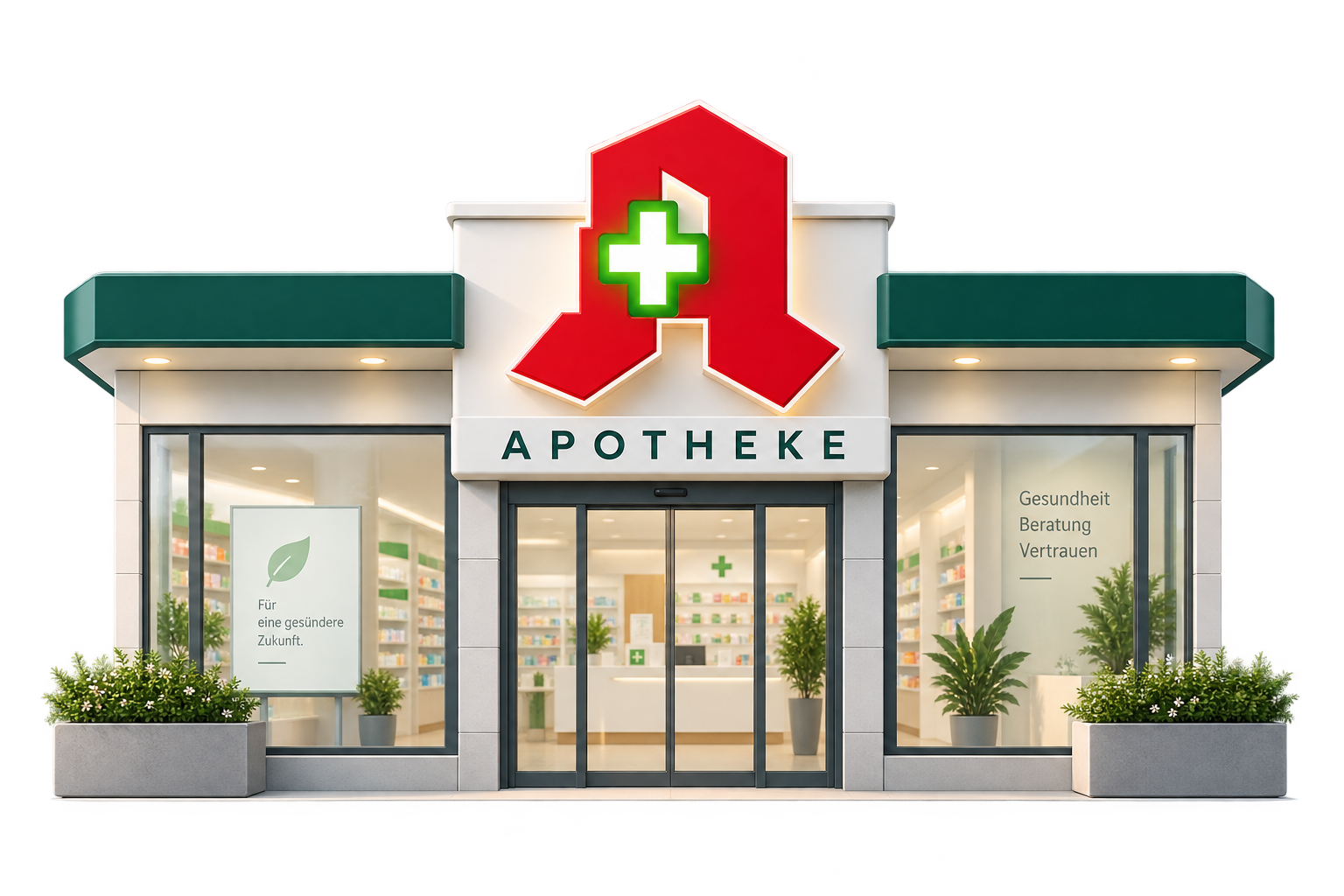 Moderne Apotheke mit rotem Apotheken-A und grünem Plus-Zeichen über dem Eingang