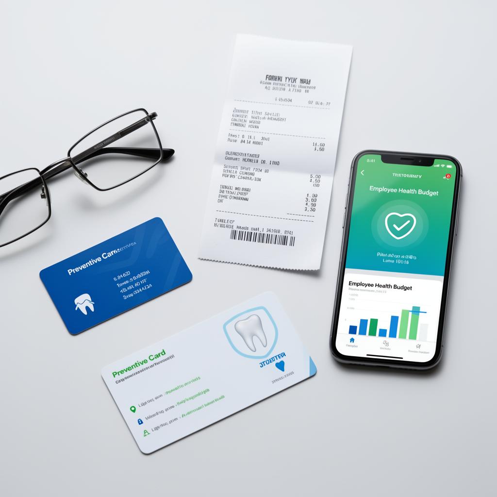 Gesundheitsbudget mit Brille, Vorsorgekarte und Gesundheits-App