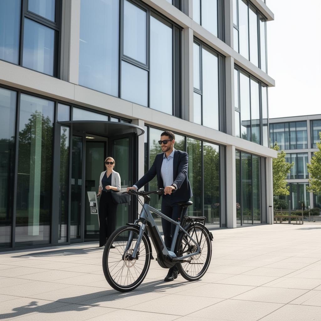 Modernes E-Bike als Dienstrad vor einem Bürogebäude