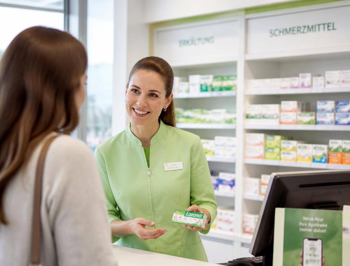 PTA berät eine Kundin an der Sichtwahl einer modernen Apotheke