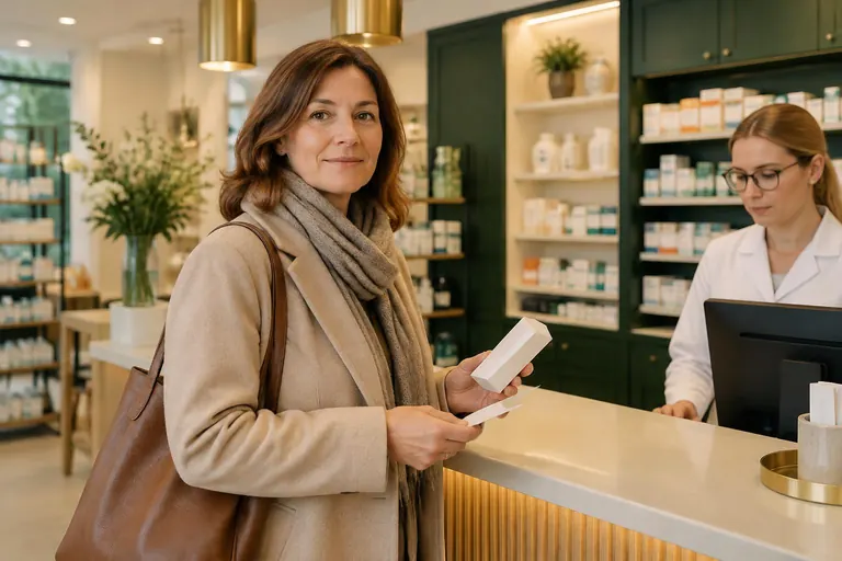 Frau an einer Apothekentheke mit Medikamentenpackung und Kassenbon