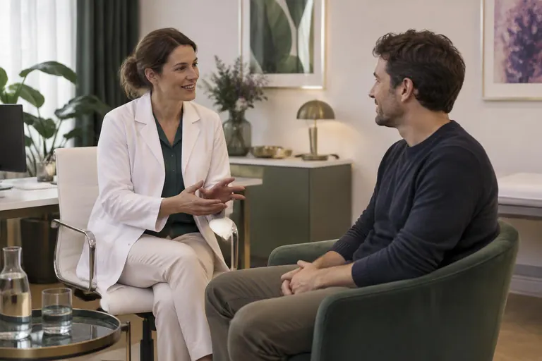 Ärztin im ruhigen Vorsorgegespräch mit einem Patienten