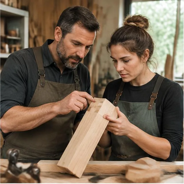 Handwerker stimmen sich in einer Werkstatt ab
