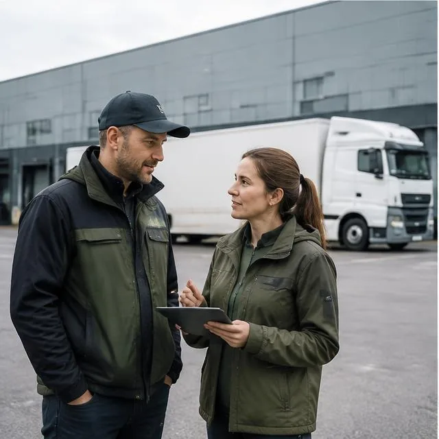 Fahrer und Disponent besprechen einen Transport am Betriebshof